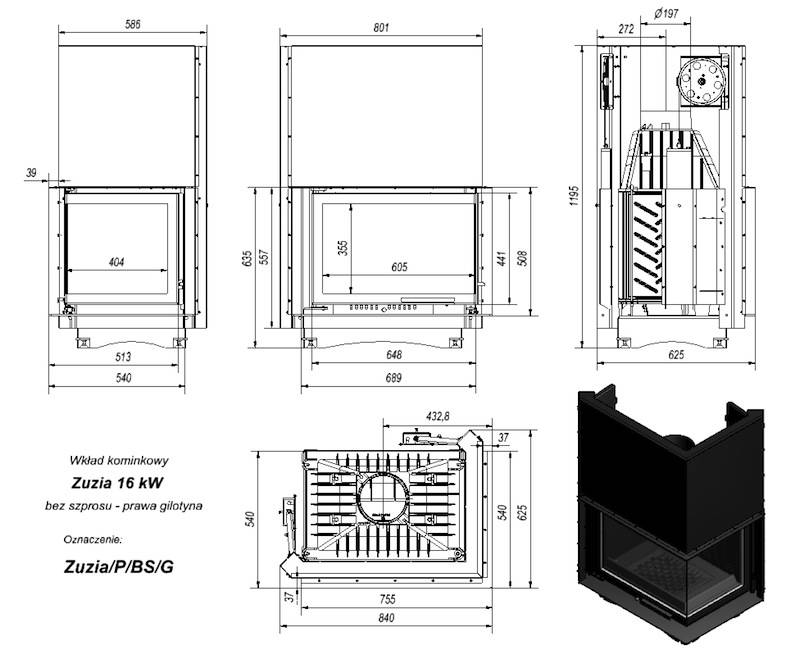 Focar din fonta Zuzia 16 kW BS sticla dreapta cu usa glisanta